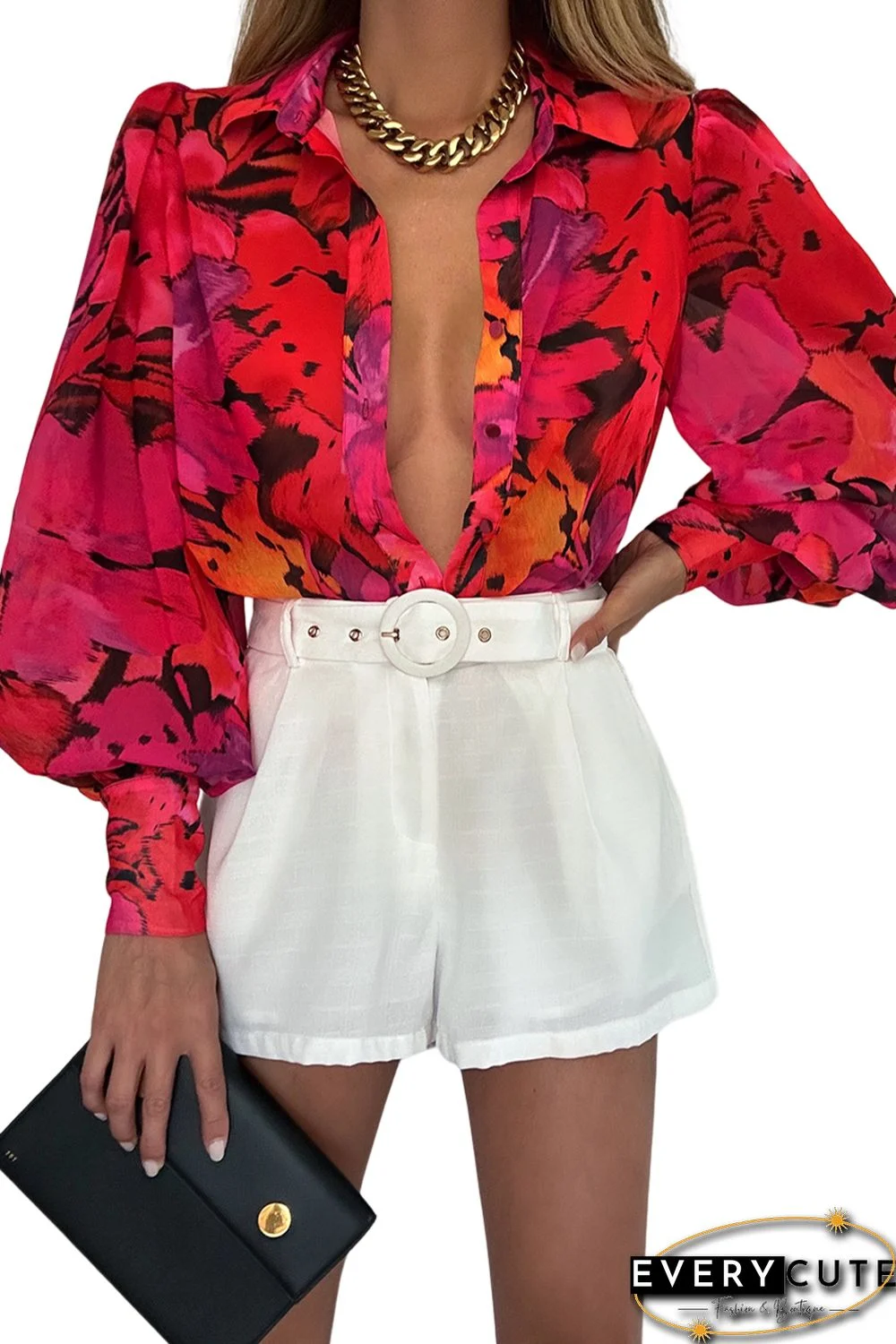 Red Floral Print Lantern Sleeve Shirt
