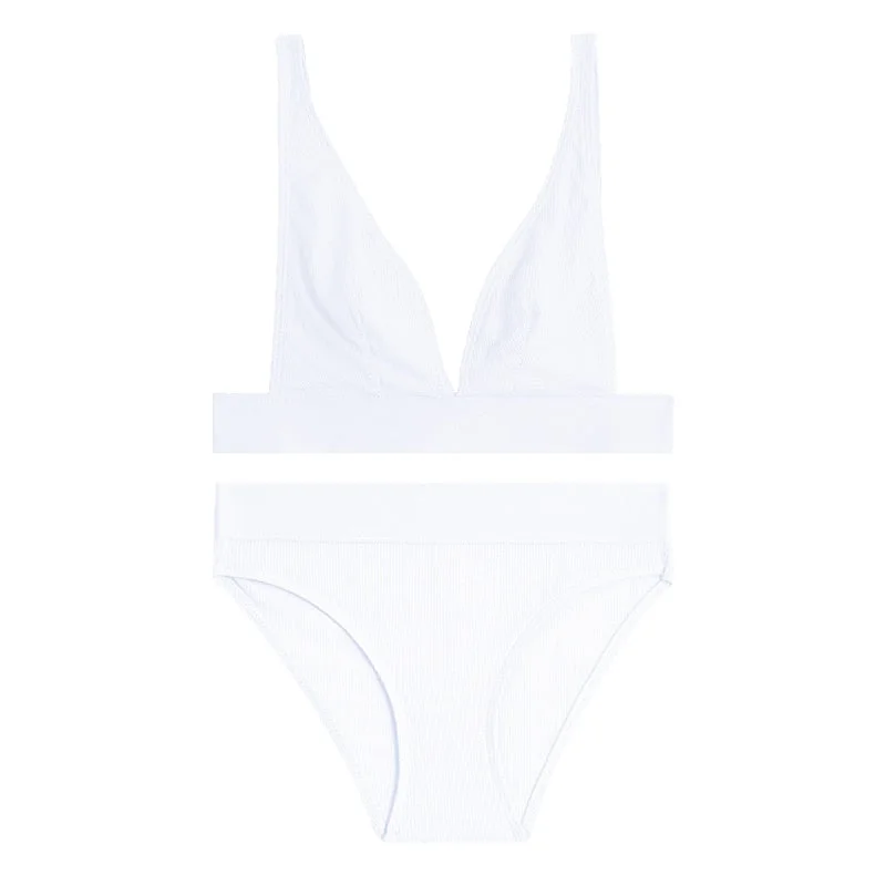 FINETOO Seamless Bra Set Women Deep V Wireless Tops Low-Rise Briefs S-2XL Plus Size Ladies Underwear Suit Soft Top Lingerie 2021