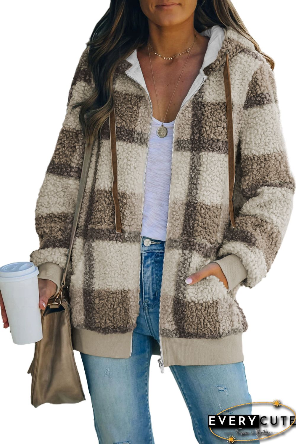 Khaki Plaid Print Zipper Fleece Hooded Coat