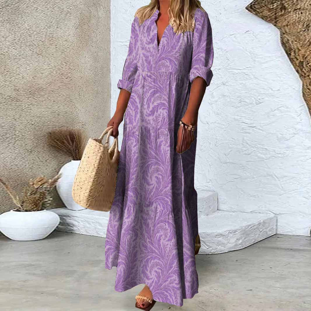 Women Texture, Purple DZDN0394 SPU Printed Long Sleeve V-neck Maxi Dress