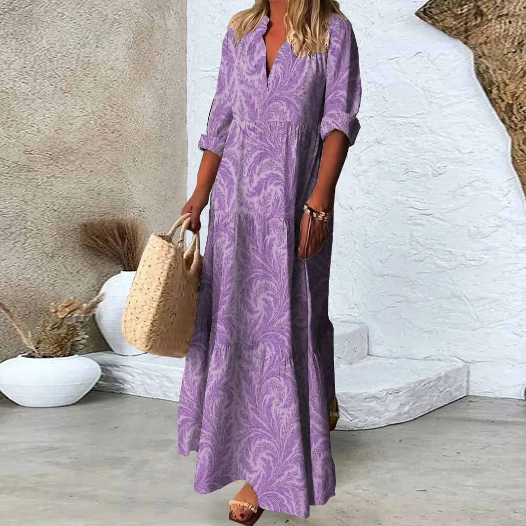 Women Texture, Purple DZDN0394 SPU Printed Long Sleeve V-neck Maxi Dress