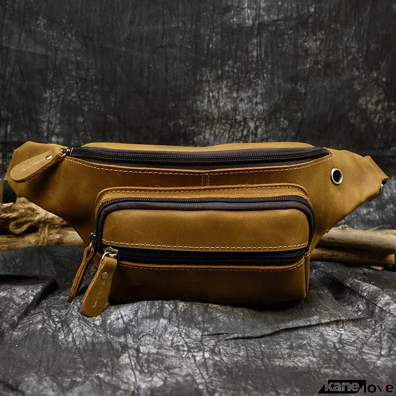 Men's Genuine Leather Solid Pattern Zipper Closure Waist Pack