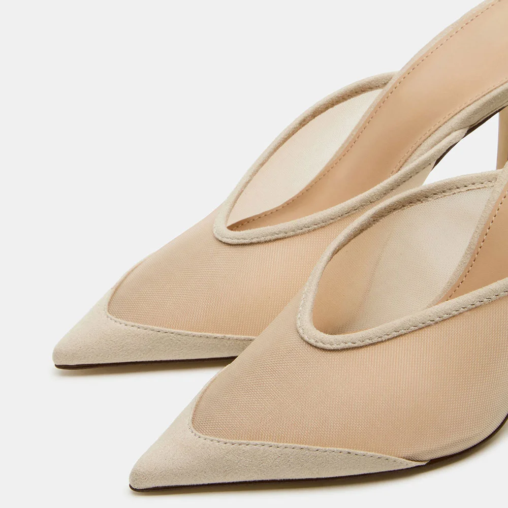 YDN Nude Mesh Stiletto Heel Pointed Toe Mule Shoes for Women