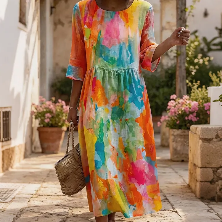 Women's Colorful Tie-dye Art Print Casual Linen Dress