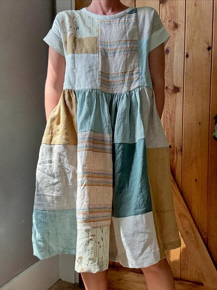 Women’s Vintage Japanese Stripe Patchwork Art Midi Dress