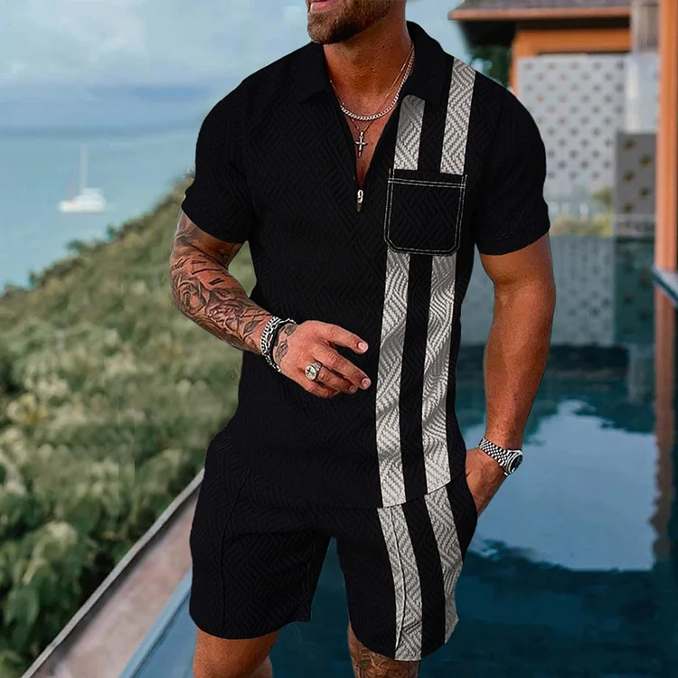 Striped Printed Black Polo Suit