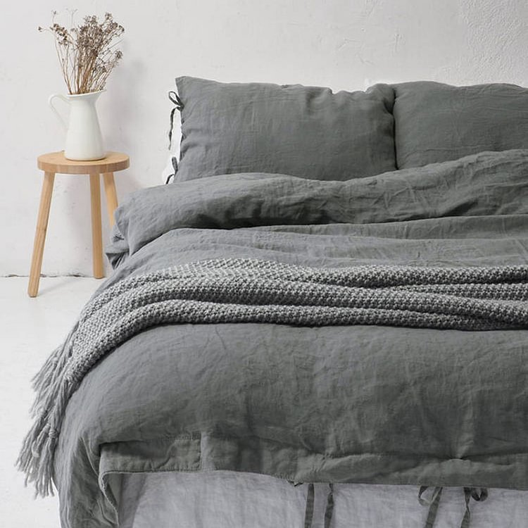 Gray 100% Flax Linen Duvet Cover Set Ties Closure Style-ChouChouHome