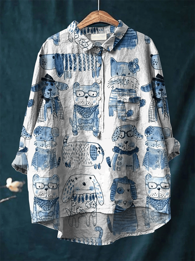 Womens Puppy Print Casual Cotton And Linen Shirt