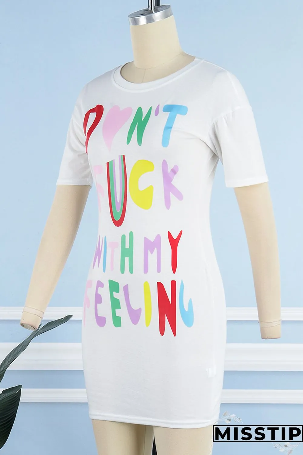 White Casual Letter Print Basic O Neck T-shirt Dress Short Sleeve Dress