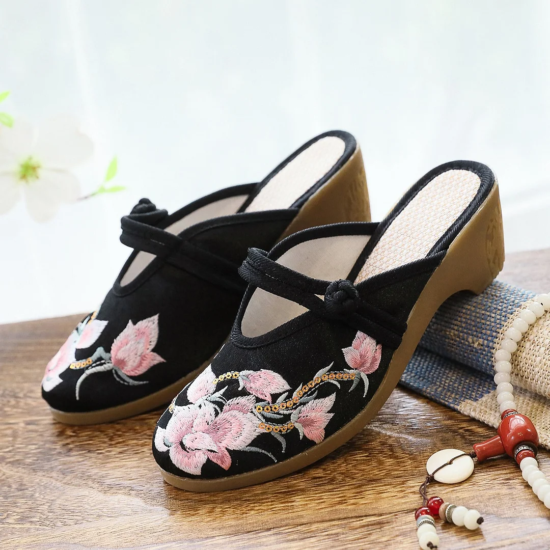 Wongn Wongn Summer New High Heel Wedge Heel Embroidered Cloth Slippers Women's Sandals Embroidered Cloth Shoes