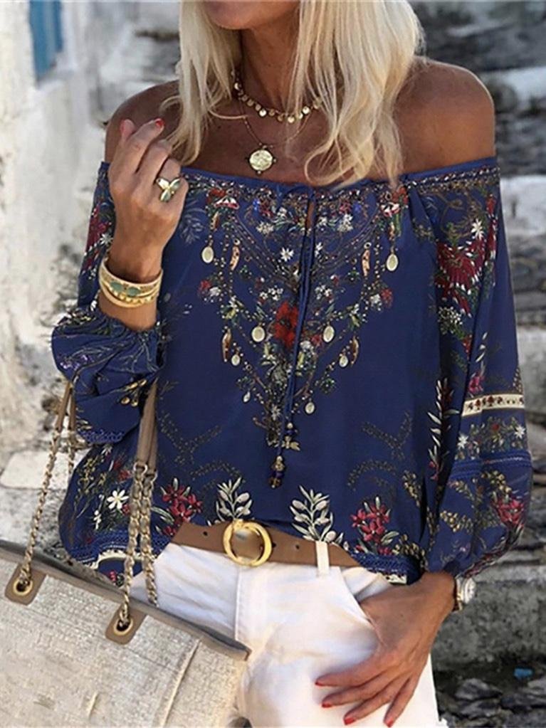 Floral Print Blouse Women Lace Thin Long Sleeve Off Shoulder Summer Tops Shirts