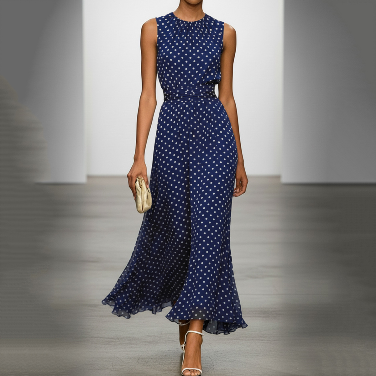 Women's French Style Waist-skimming Polka Dot Sleeveless Dress elevenforest