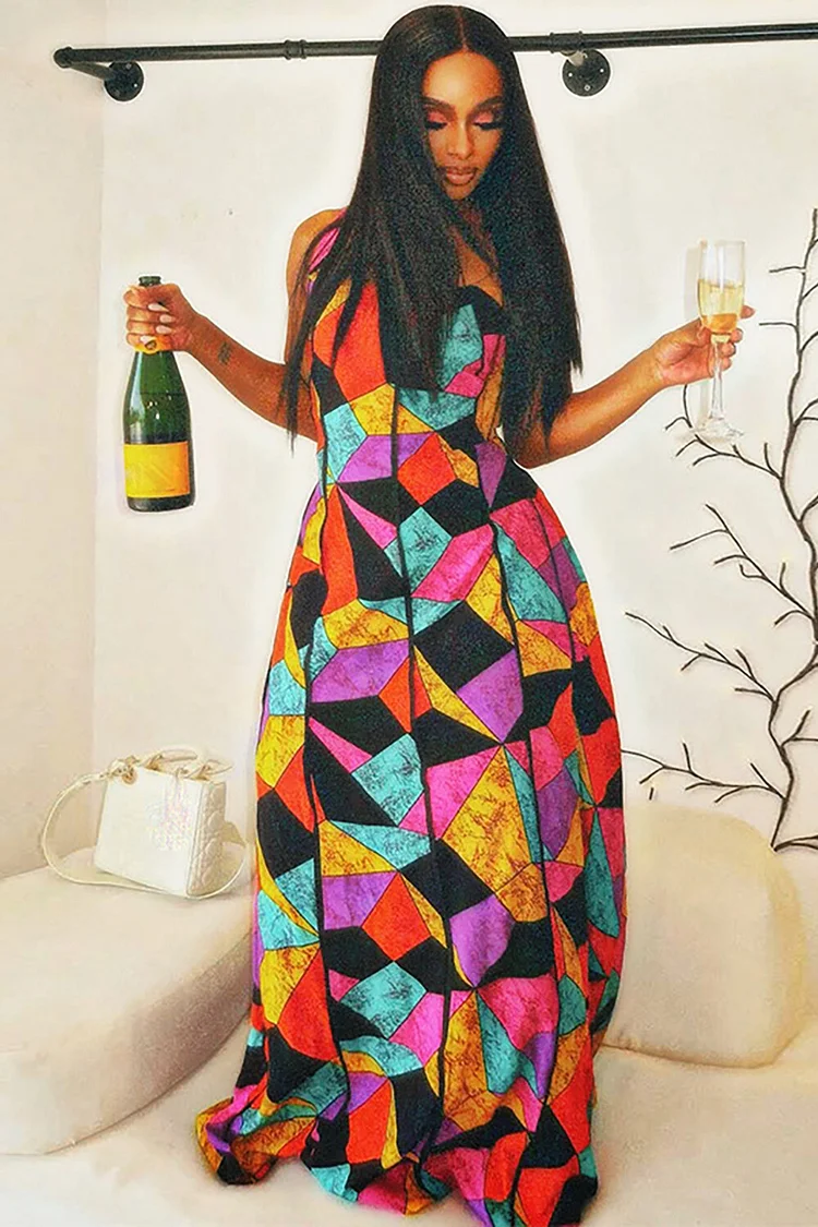 Multicolor Geometric Print Boat Neck A-Line Slip Maxi Dresses-Purple