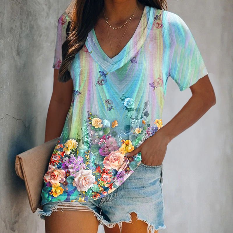 Rainbow Floral Printed Women's T-shirt