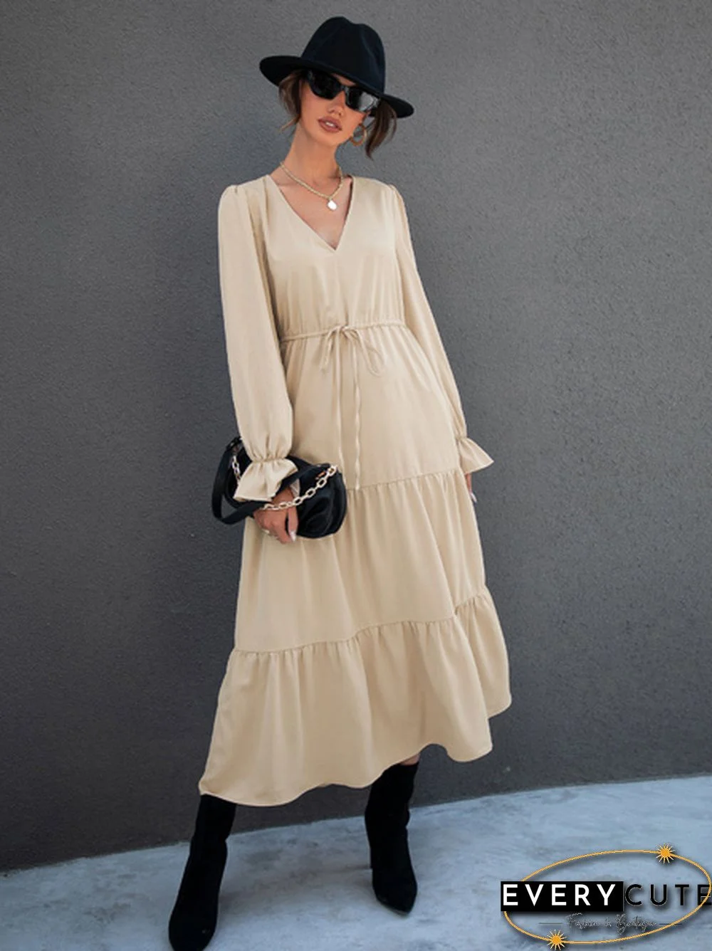 V Neck Drawstring Waist Flounce Sleeve Dress