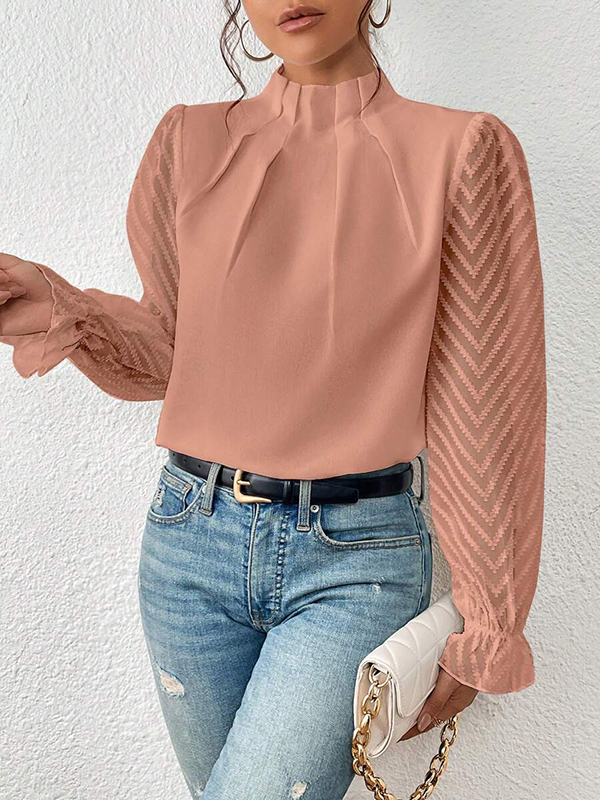 Solid Color Pleated Mesh Elasticity Ruffle Sleeves Loose Mock Neck Blouses&Shirts Tops CORAL-XL