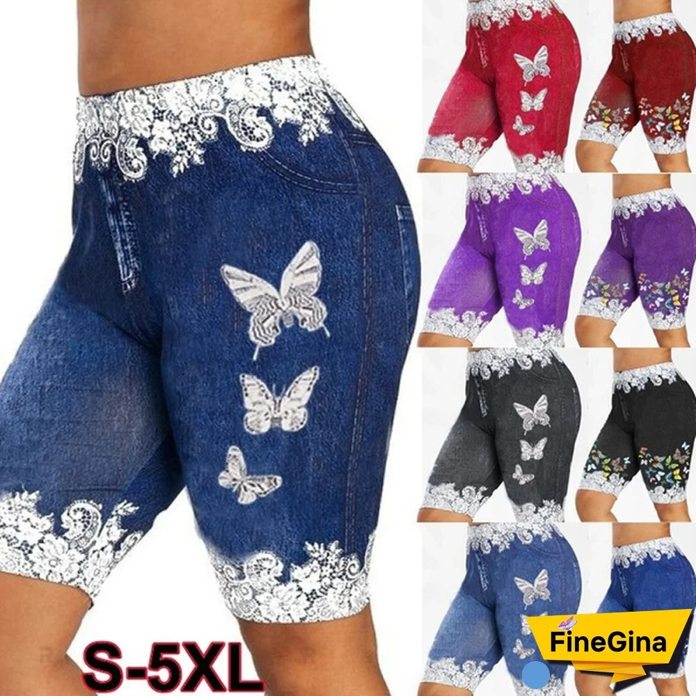 Women Fashion Skinny Casual Denim Jeggings Lace Up ButterflyPrint Shorts Leggings CapriShorts Plus Size S-5XL