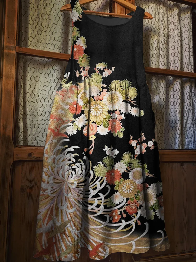 Comstylish Chrysanthemum Floral Japanese Art Linen Blend Pinafore Dress