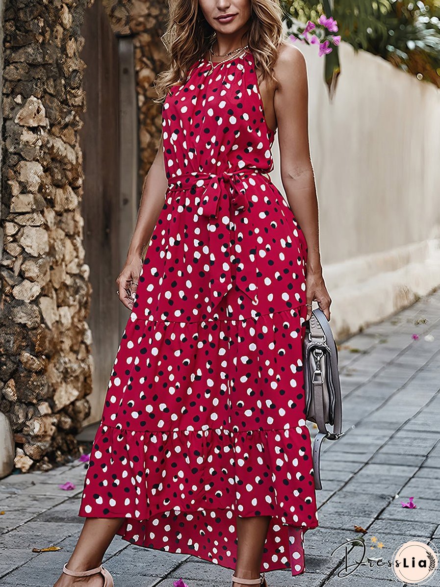 Polka Dot Loose Printed Halter Neck Sleeveless Midi Dress