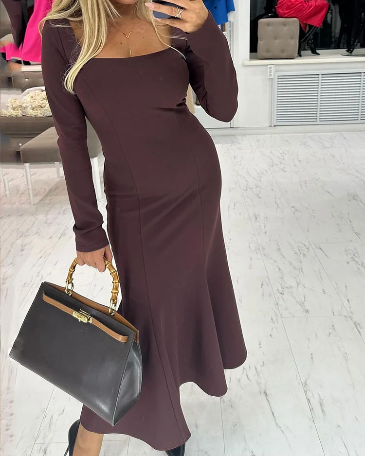 Elegant Solid Color Square Neck Dress