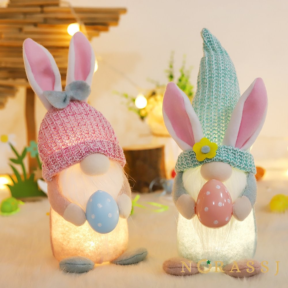 Elf Rabbit Gnome with Lights Holding Egg Easter Decoration