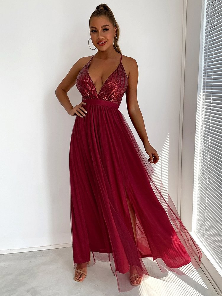 Promsstyle Splendid sequins high waist side slit layered mesh sling dress
