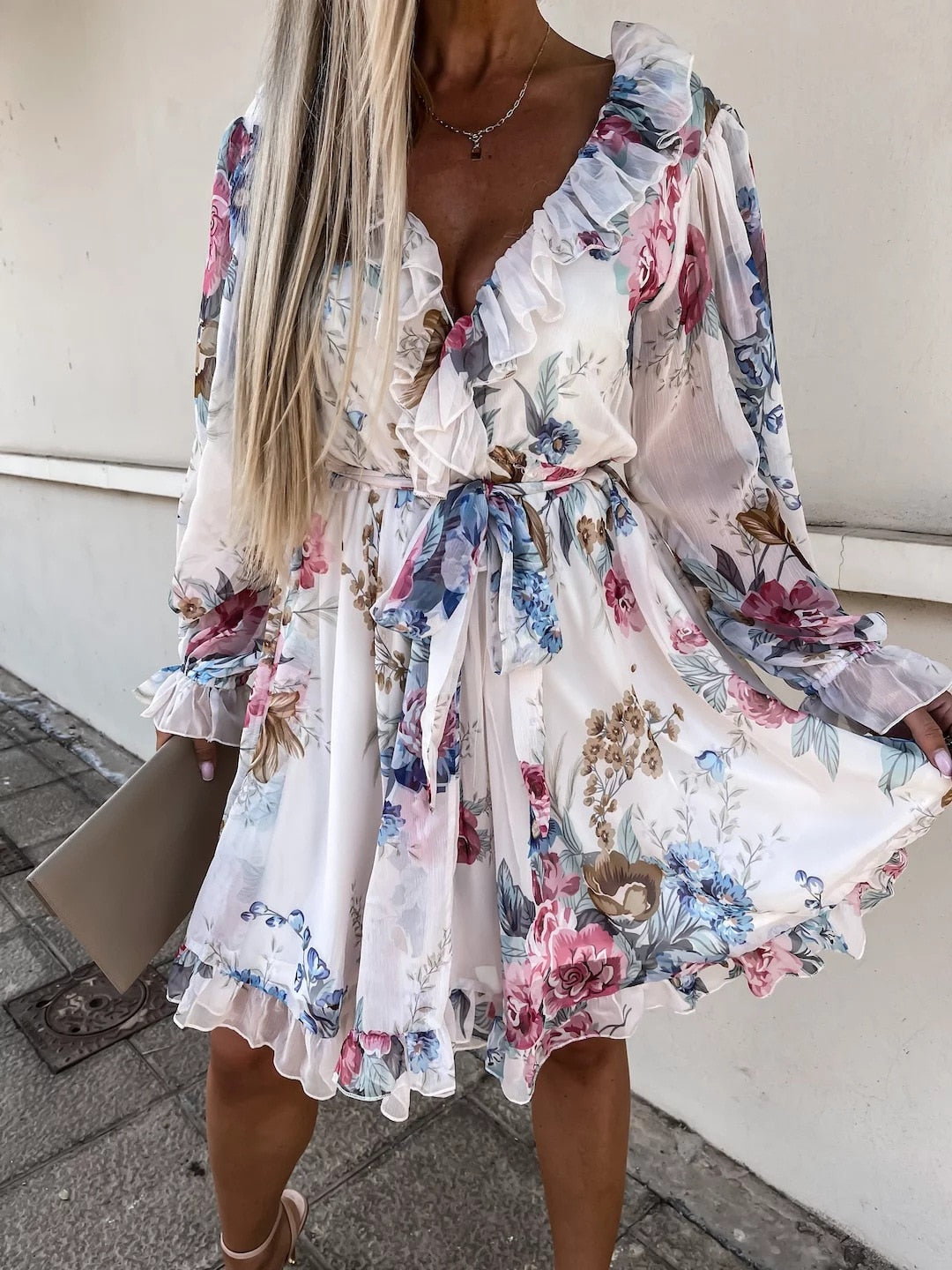 Sexy V Neck Backless Midi Dress Woman Spring Summer Fashion Elegant Flower Print Long Sleeve Lace Up Dresses For Women 2023 LANFUBEISI