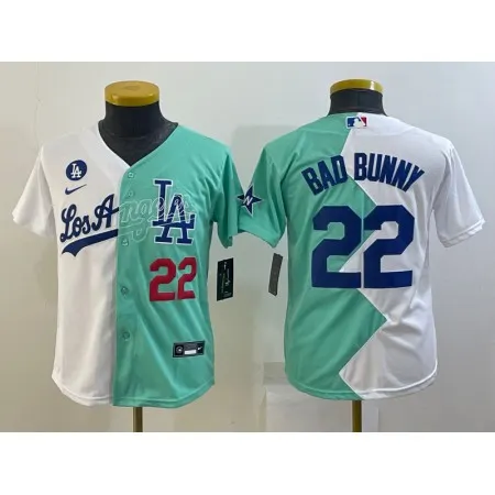 Youth Los Angeles Dodgers #22 Bad Bunny 2022 All-Star White/Green Split Stitched Jersey E0EM