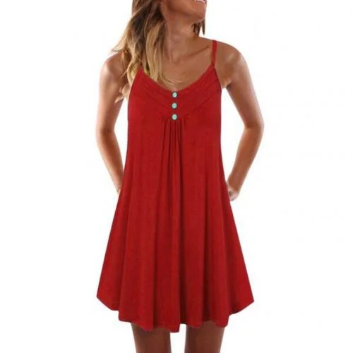 Women Summer Sundress  V Neck Sleeveless Button Pleated Large Hem Sundress Female Boho Knee-length Casual Dress Loose