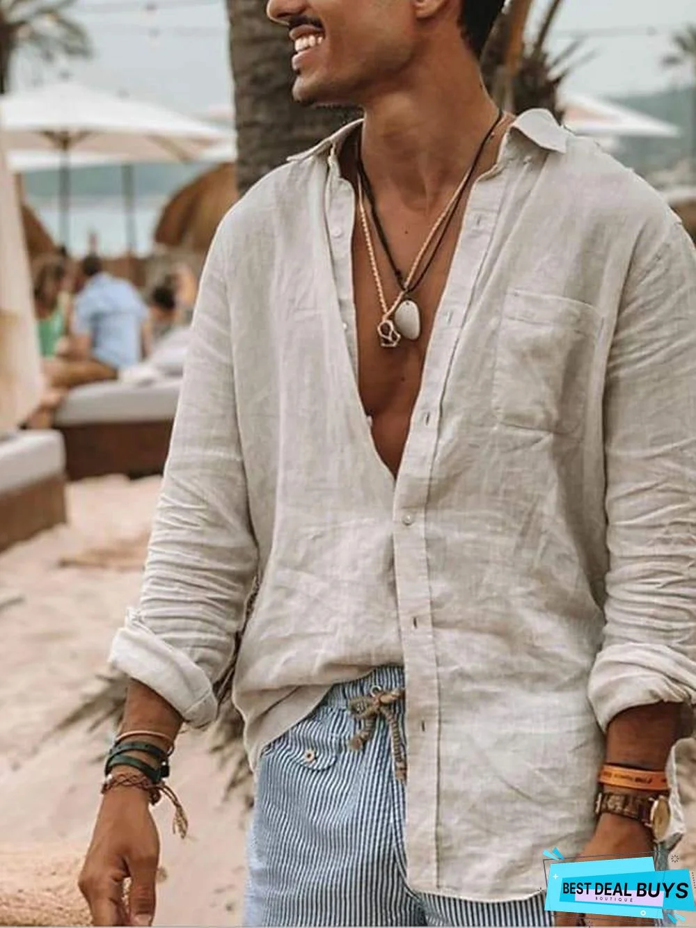 Men's Tee Shirt Solid Color Long Sleeve Daily Tops Cotton Simple Solid Color Casual / Daily Button Down Collar Green White / Beach Linen