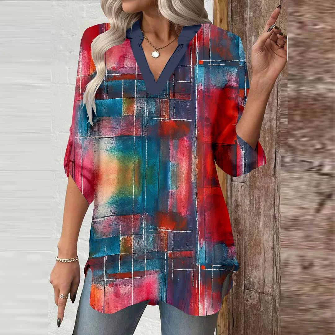 Women Pattern, Red, Blue DZGA0549 3/4 Sleeve V-neck Printed Graphic Button Tops