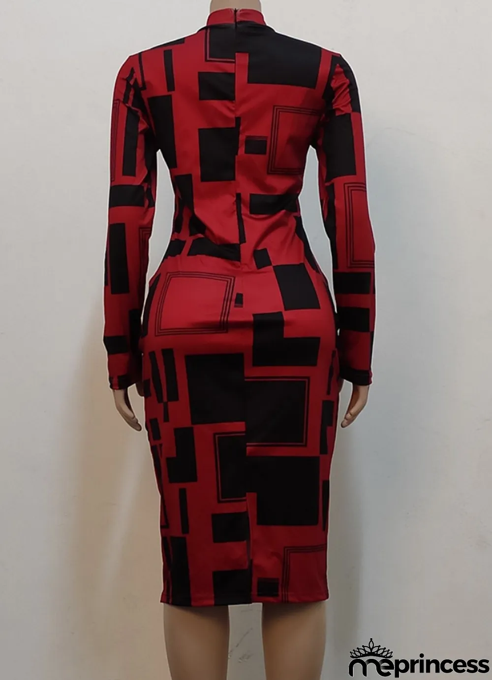Women Spring Red Modest Turtleneck Full Sleeves Geometric Print Midi Bodycon Dress