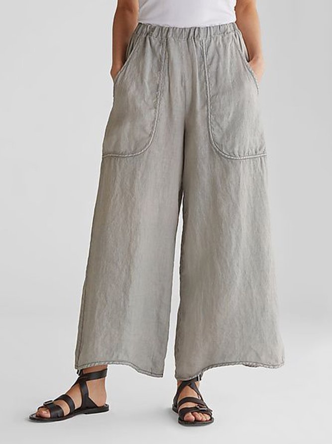 Women Casual Plain Pockets Linen Pants Zaesvini