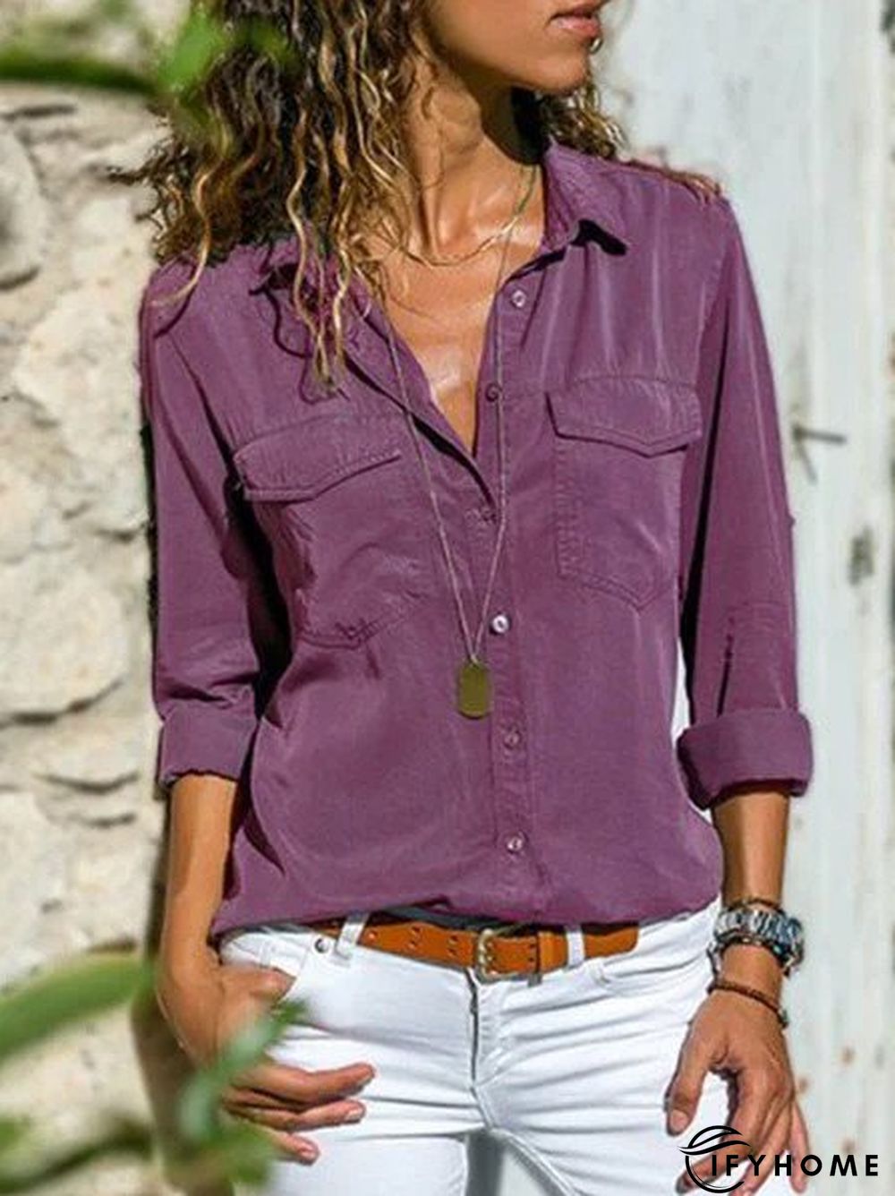 Women Fashion Turn Down Collar Solid  V Neck Long Sleeve Blouse | IFYHOME