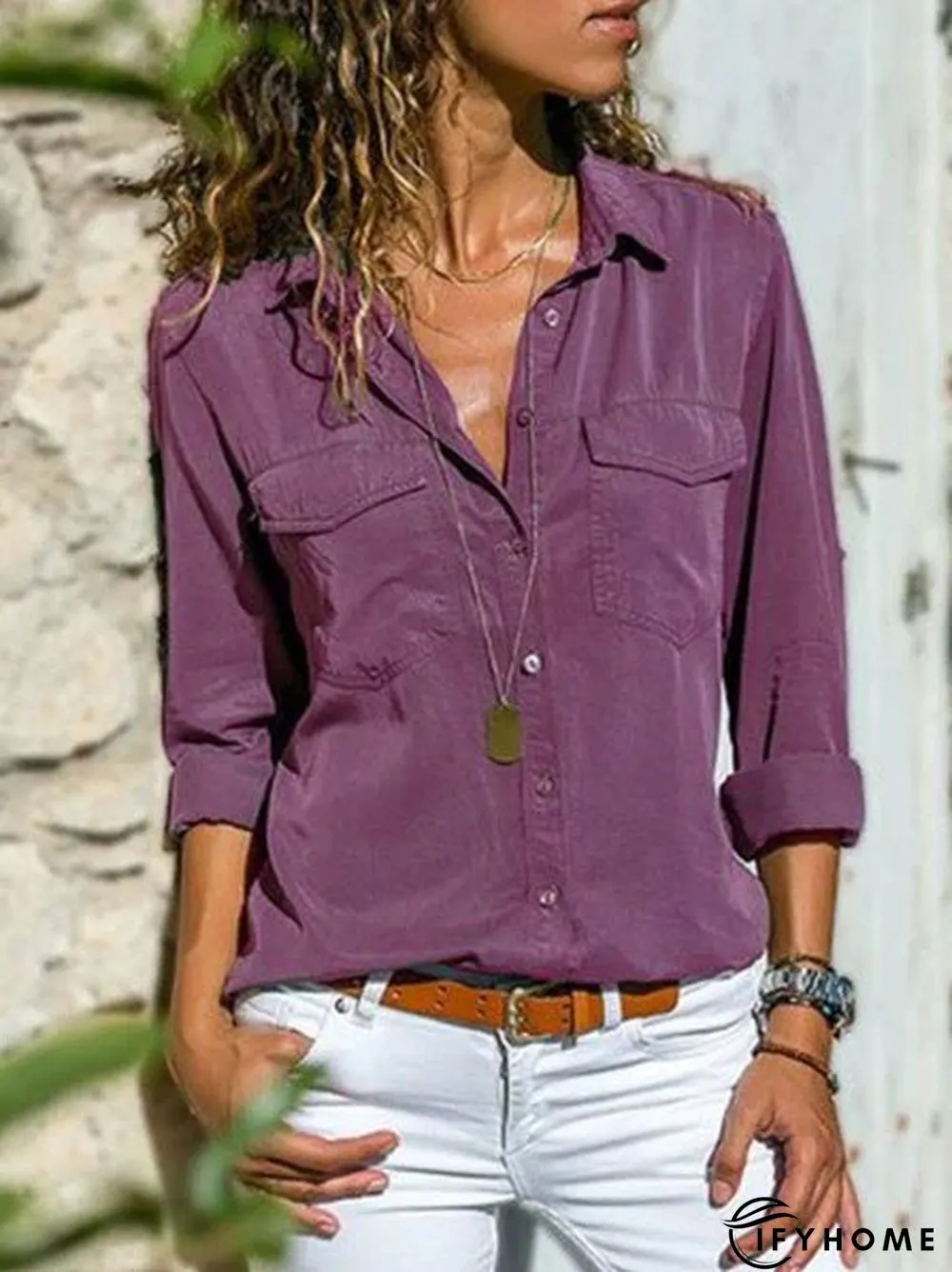 Women Fashion Turn Down Collar Solid  V Neck Long Sleeve Blouse | IFYHOME