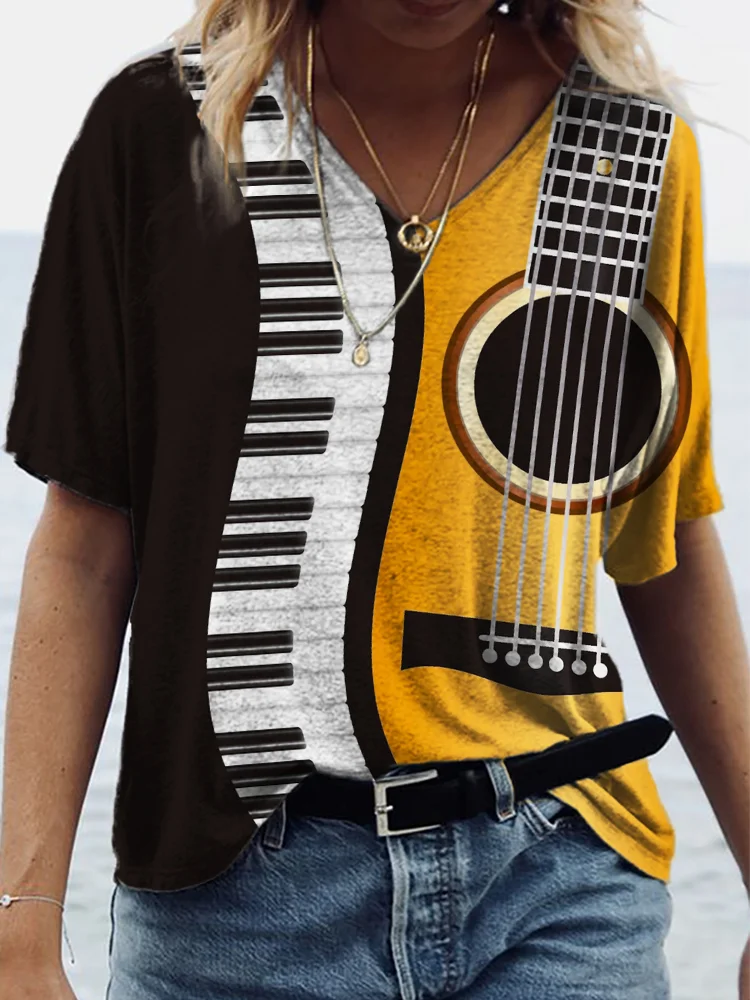 Guitar & Piano Keys Contrast Art V Neck T Shirt