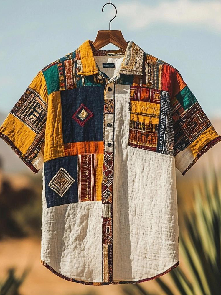 Vintage Geometric Pattern Patchwork Linen Shirt