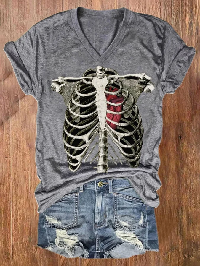 Women's Halloween Skull Print Round Neck Short Sleeve T-Shirt
