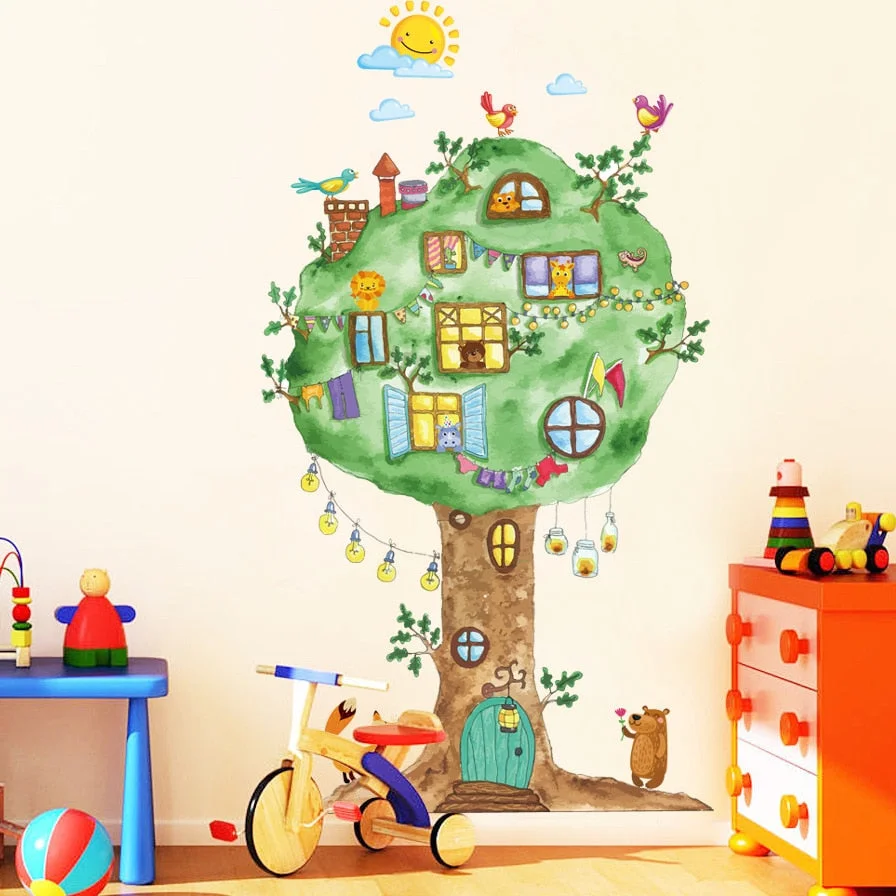 65*120cm Cartoon Tree House Vinyl Wall Stickers for Kids room Kindergarten Baby room Wall Decoration Home Decor Art Decals Mural