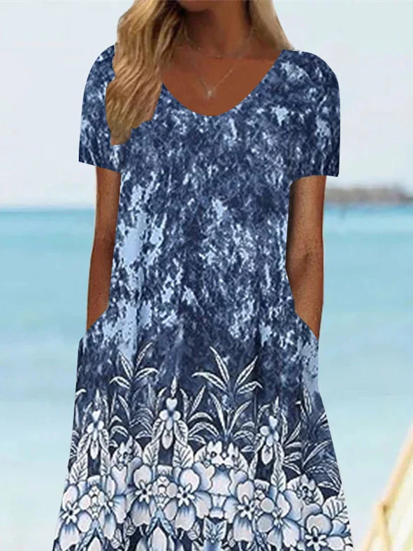 Women's Short Sleeve Scoop Neck Graphic Floral Printed Midi Dress