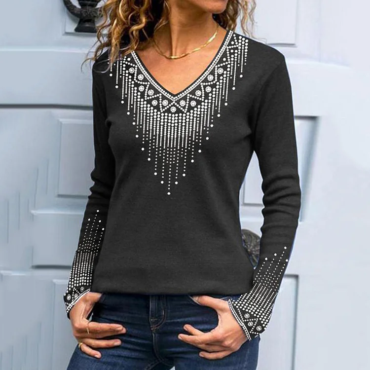 Western V-Neck Long Sleeve T-Shirt