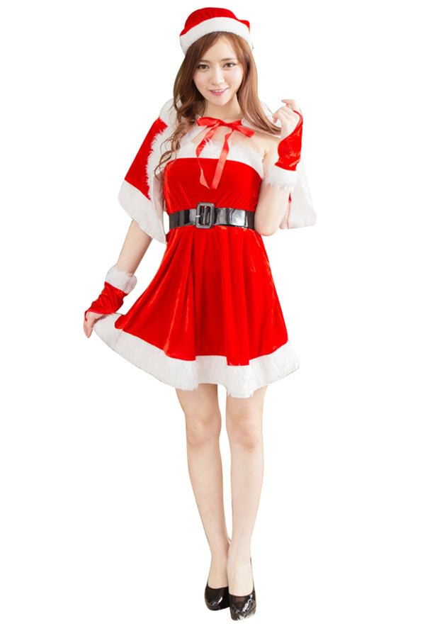 Red Off Shoulder With Tippet Waistbelt Dress Christmas Santa Costume-elleschic