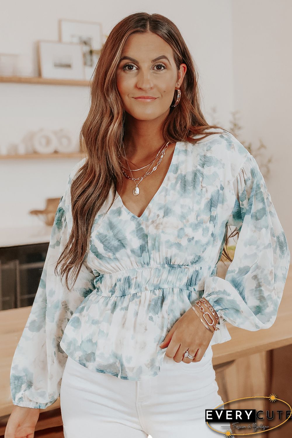 Sky Blue V Neck Tie-dye Peplum Top