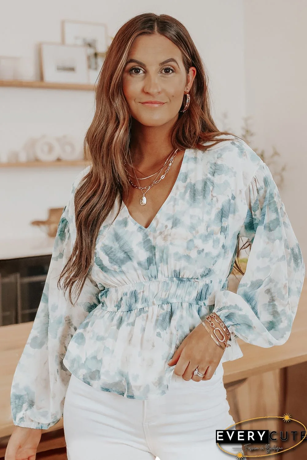 Sky Blue V Neck Tie-dye Peplum Top