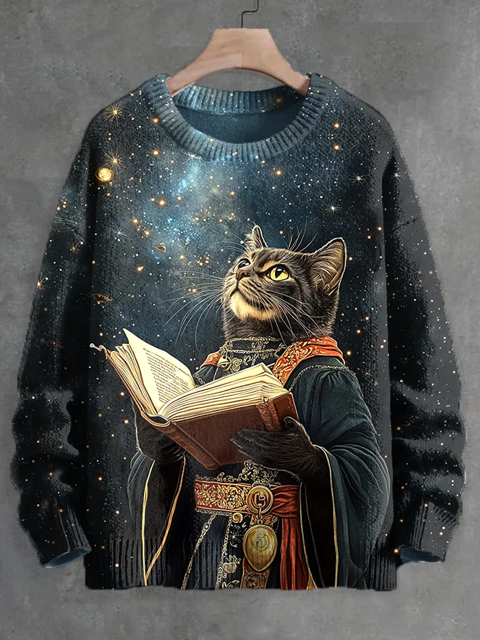 Men's Cat Astrologer Watching the Starry Sky Knit Sweatshirt
