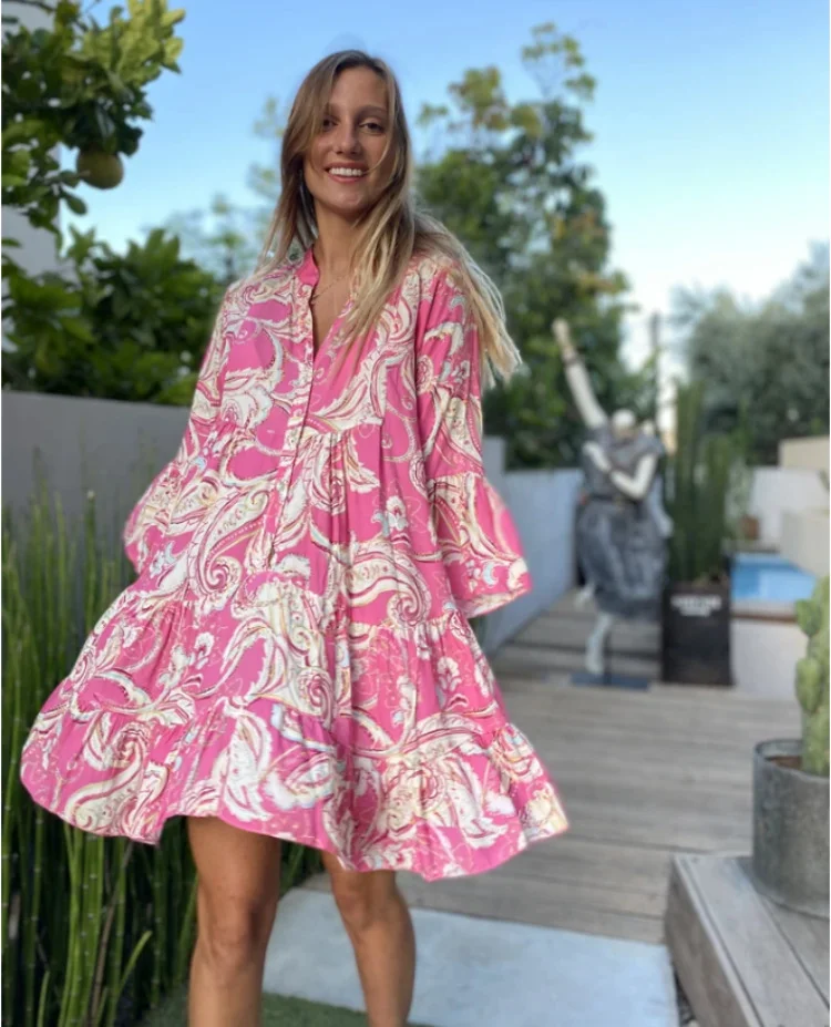 Paisley Printed Button Keyhole Back Belted Mini Dress