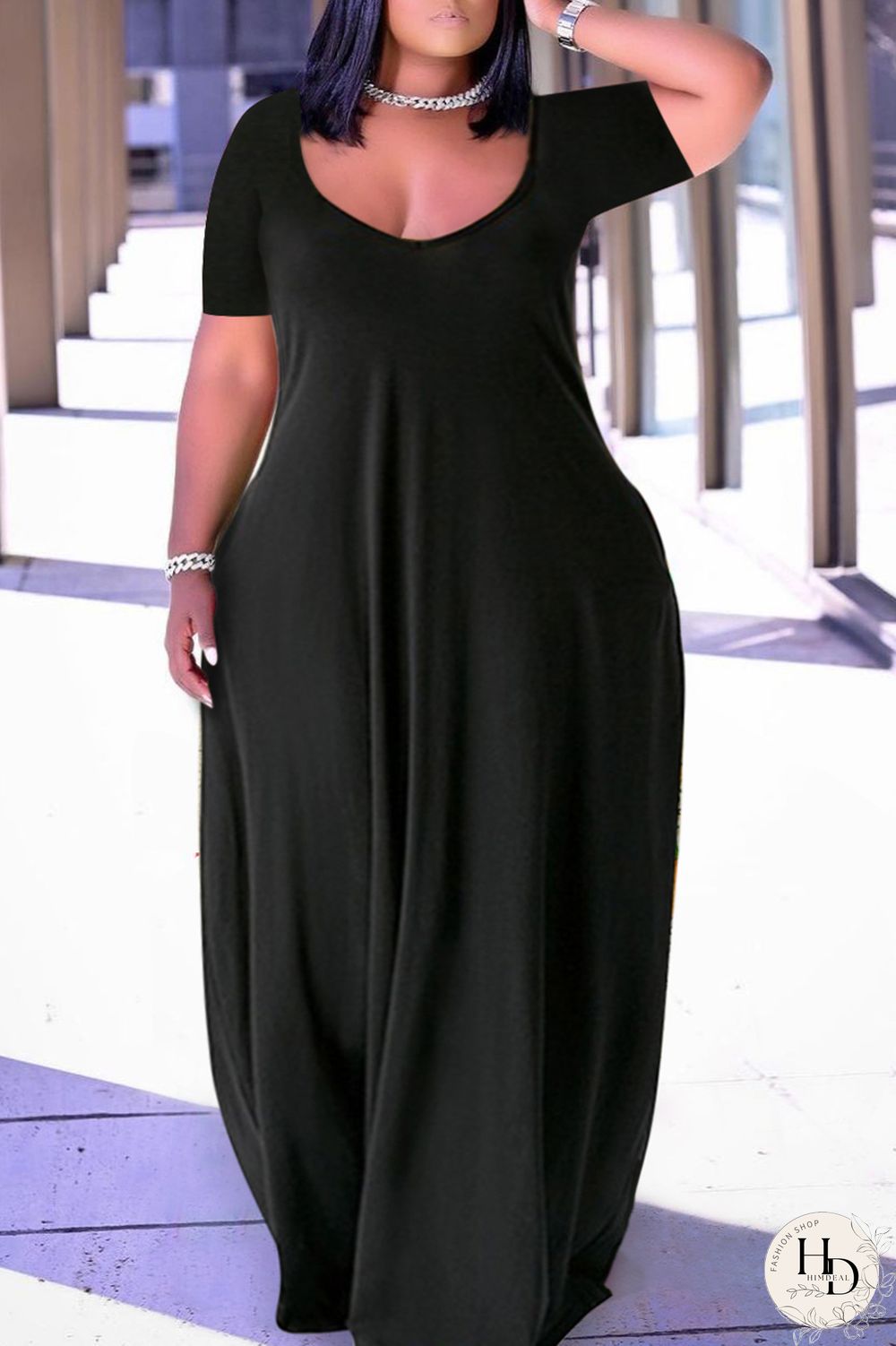 Pink Fashion Casual Plus Size Solid Patchwork V Neck Short Sleeve Dress