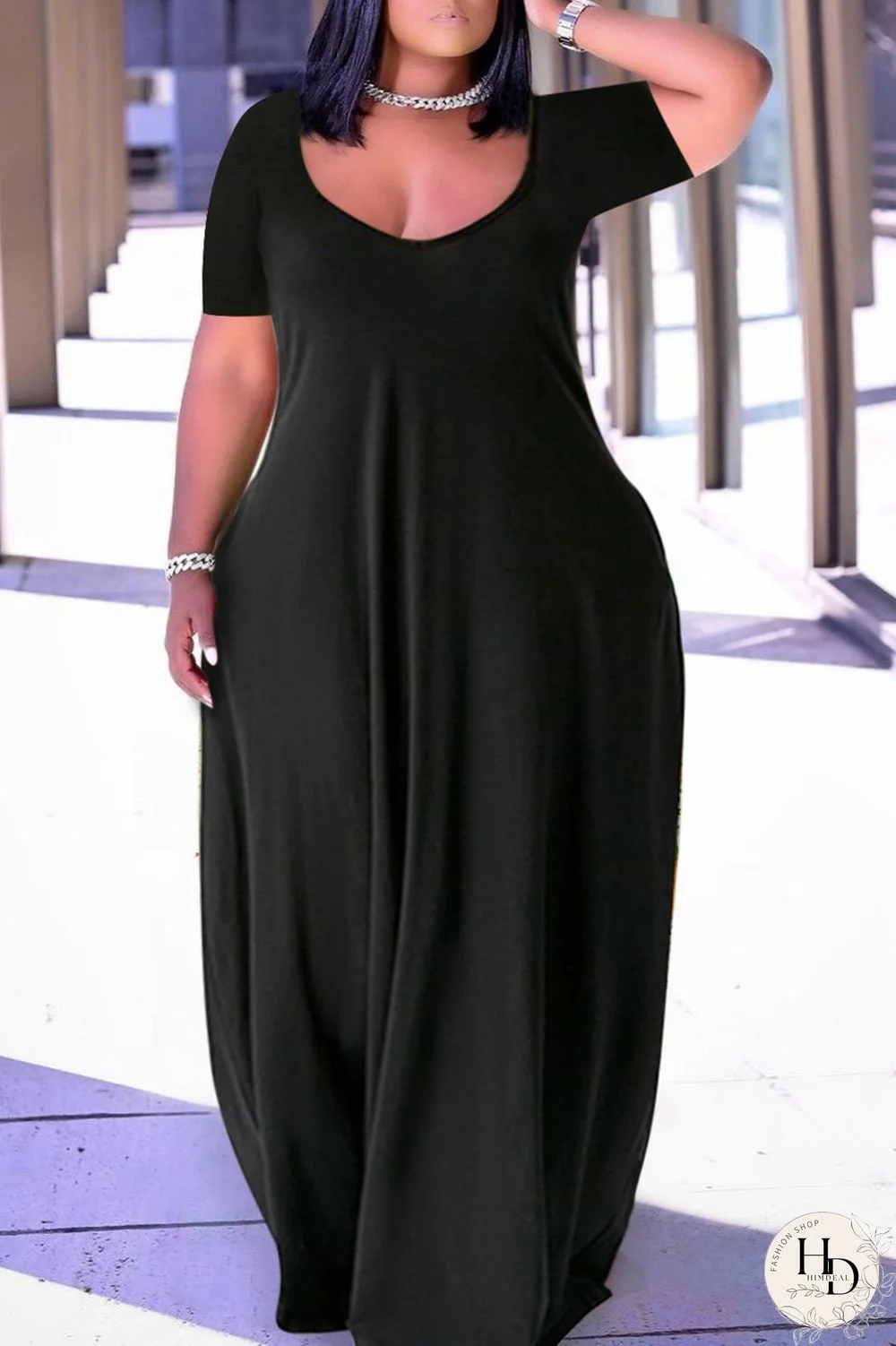 Pink Fashion Casual Plus Size Solid Patchwork V Neck Short Sleeve Dress