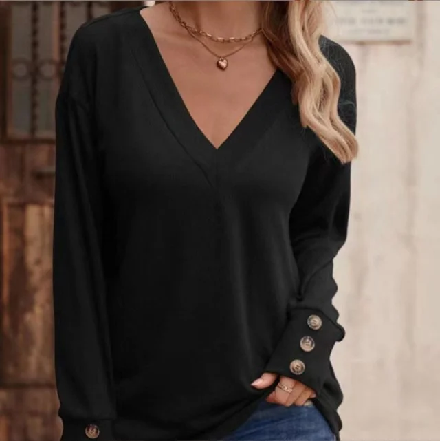 Solid Color V-Neck Loose Long Sleeve T-Shirt Button Women's Clothing