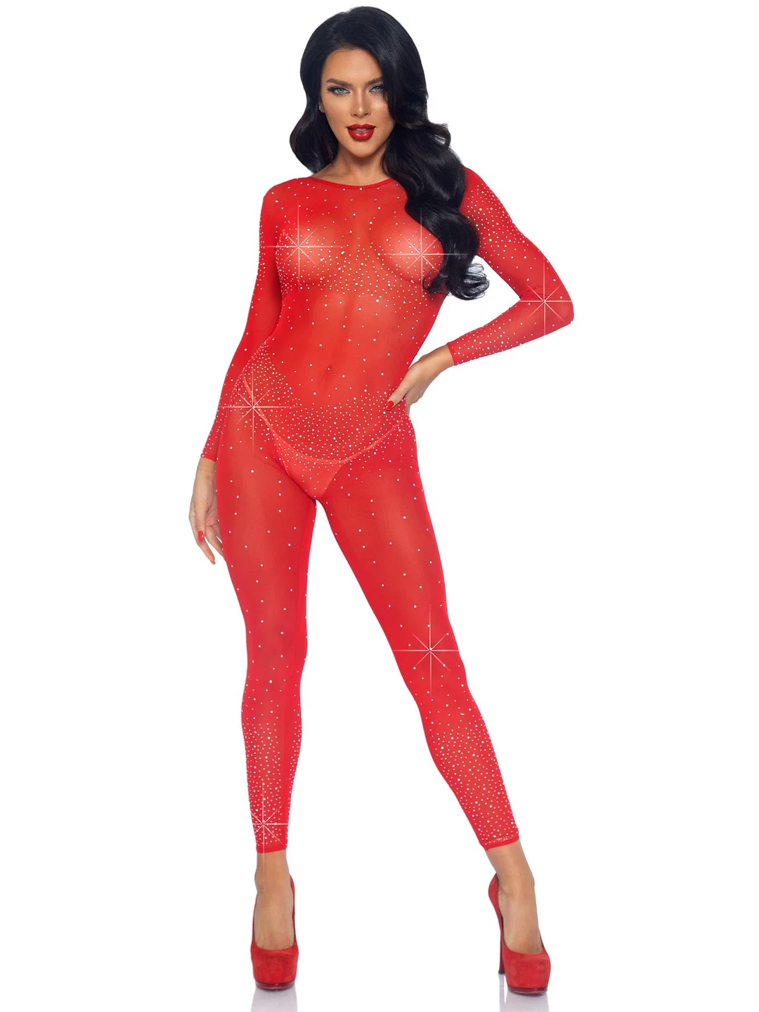 Sheer Rhinestone Long Sleeve Catsuit
